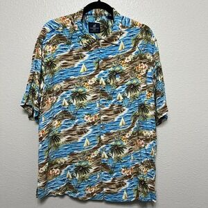Caribbean Joe Multicolor‎ Men's L Hawaiian Shirt Sailboats Palm Hibiscus Rayon